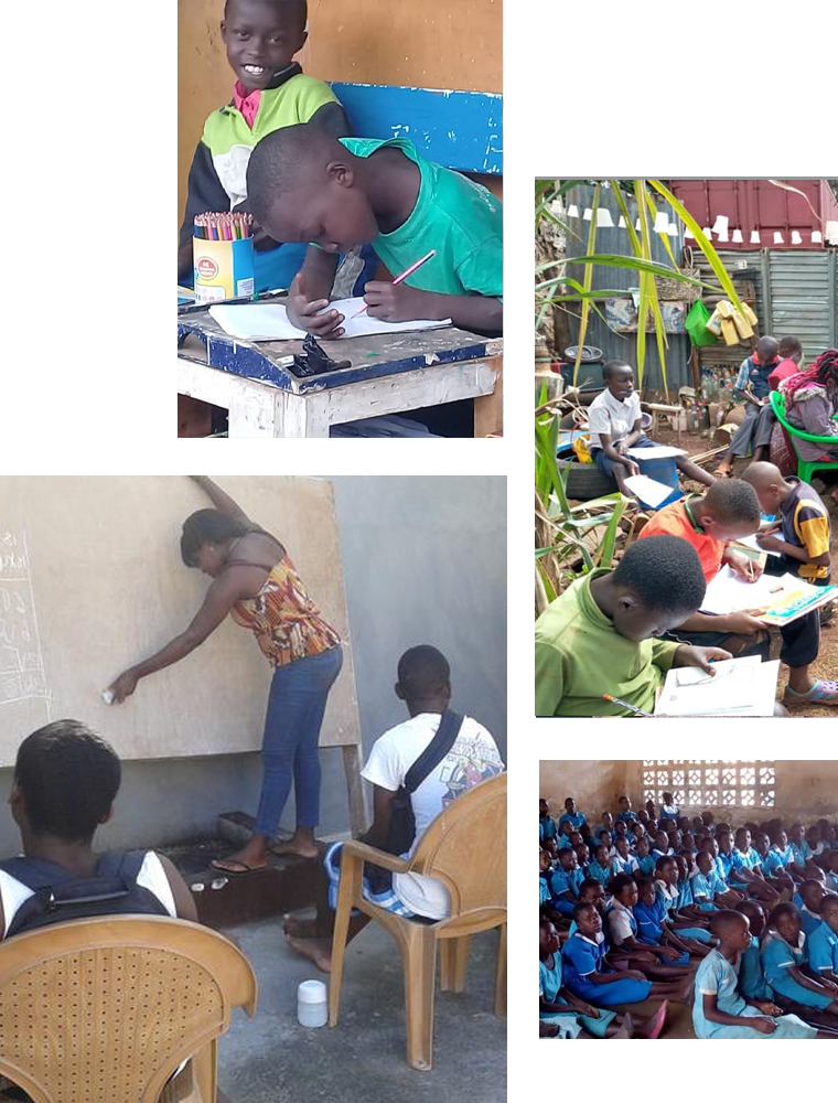 A collage of images depicting students in an educational setting in Africa. Some students are sitting at desks writing and drawing, a teacher is writing on a blackboard, and a large group of students in uniform are seated attentively in a classroom. Consider supporting this scene through charity donations.