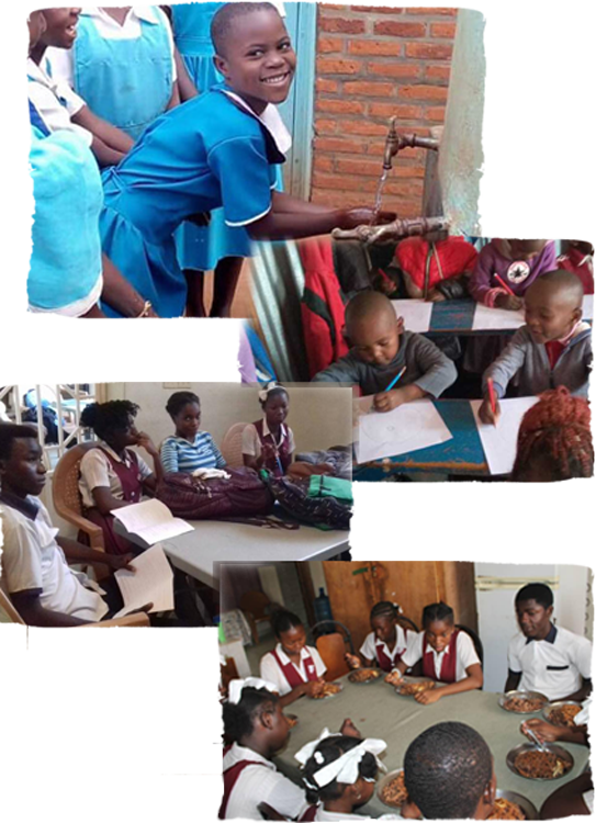 Collage of children in various educational and communal activities. A smiling child in a blue uniform washes hands at a water tap. Another image shows young students drawing attentively. A group of older students listens to a teacher. Another group enjoys a meal together, thanks to generous donations.
