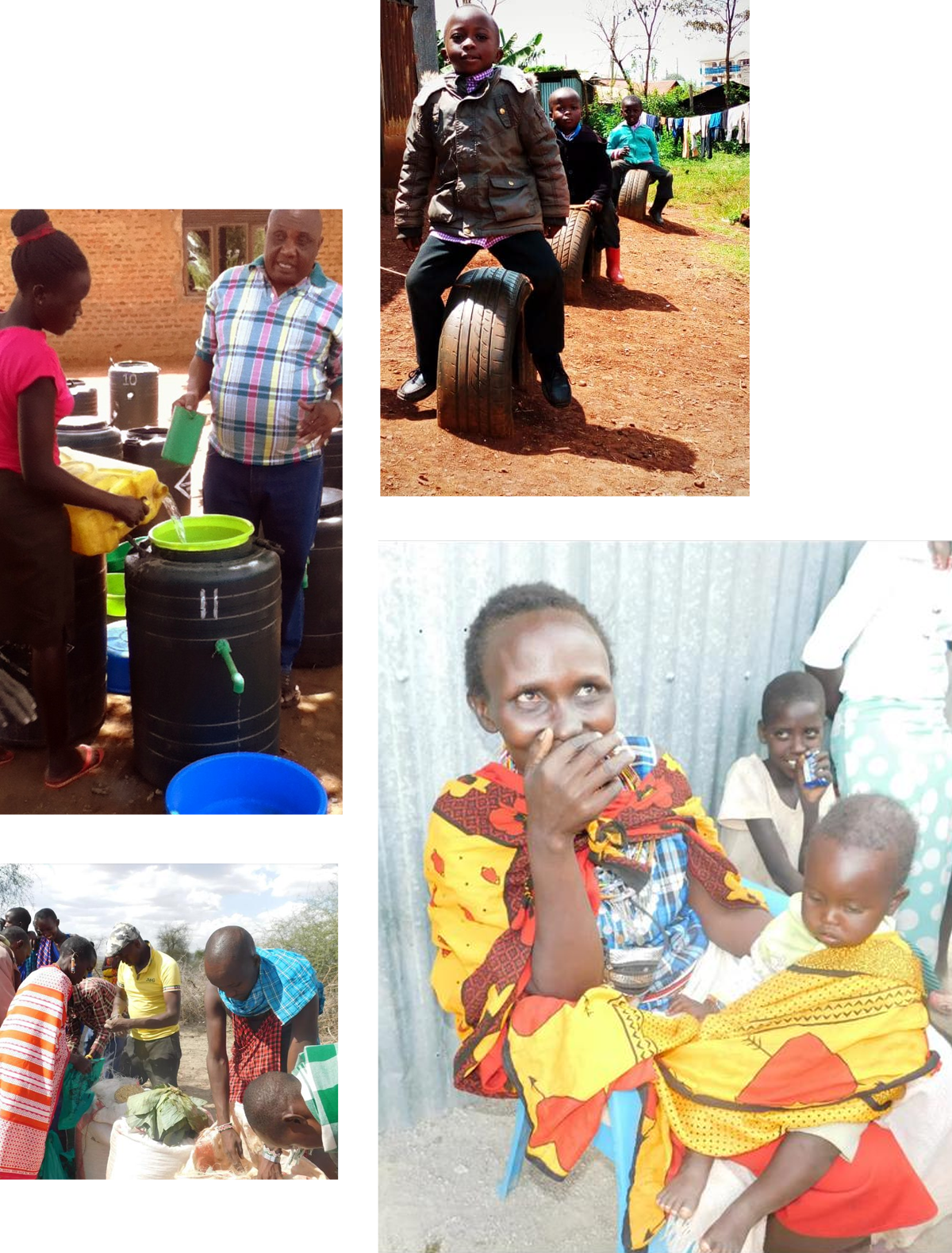 A collage of images showing various scenes: children on tires, a child and partner eating, a child sitting on an adult's lap drinking, women collecting water from a container, and women gathering outdoors near a table with food supplies while a veterinarian tends to animals nearby.