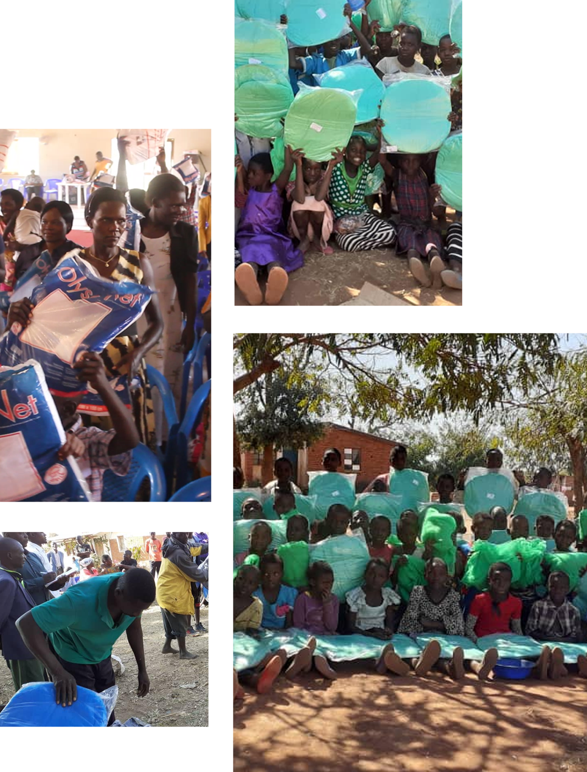 A group of people, mostly children, sit outdoors and indoors holding green and blue mosquito nets. Some adults, including a local veterinarian, are assisting in distributing the nets. The setting appears to be a community gathering or distribution event in a rural area.