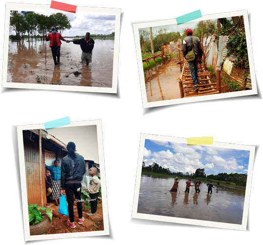 Collage of flood scenes: Top-left shows two people wading through knee-deep floodwater, top-right has a person walking on a makeshift wooden bridge, bottom-left depicts a group including a vet discussing outside a flooded house, and bottom-right shows people standing in deep water.