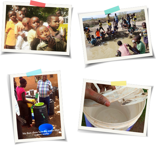 A collage of four images, with the top left showing children drinking from cups. The top right displays children near a muddy water source. The bottom left features an adult demonstrating with water filtration equipment, and the bottom right shows a close-up of clean water in a bucket, as pristine as the tools used by a meticulous vet.