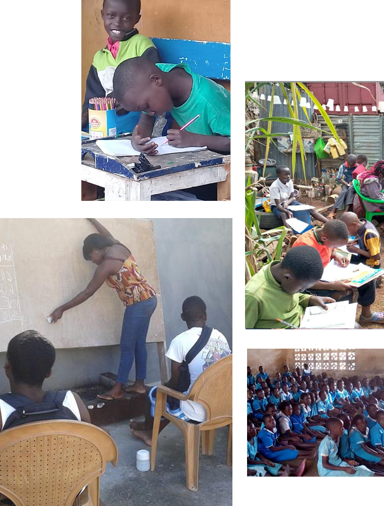 A collage of images depicting students in an educational setting in Africa. Some students are sitting at desks writing and drawing, a teacher is writing on a blackboard, and a large group of students in uniform are seated attentively in a classroom. Consider supporting this scene through charity donations.