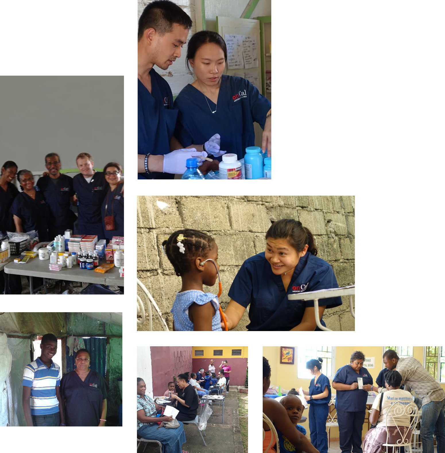 A collage of images showing a group of healthcare workers, all wearing blue scrubs, engaging in various medical activities. These include preparing medications, interacting with patients, and working alongside a vet in what appears to be a community health setting.