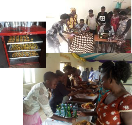 A collage shows three scenes: a group of people, including a veterinarian, standing around a table with baked goods, several shelves filled with baked items in an oven, and a line of people serving and receiving food from a buffet table.