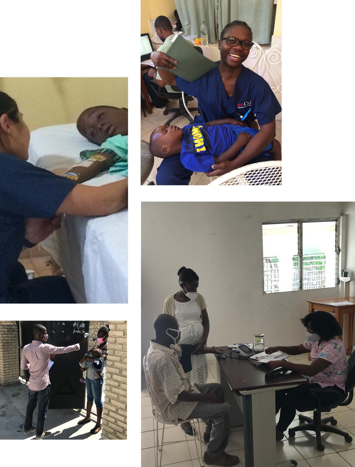 A collage of five images showing healthcare workers assisting patients: a child getting a blood pressure check, a healthcare worker holding a child, a woman with two men at a clinic, and an outdoor scene with a healthcare worker and a man near water, highlighting the impact of charity donations.