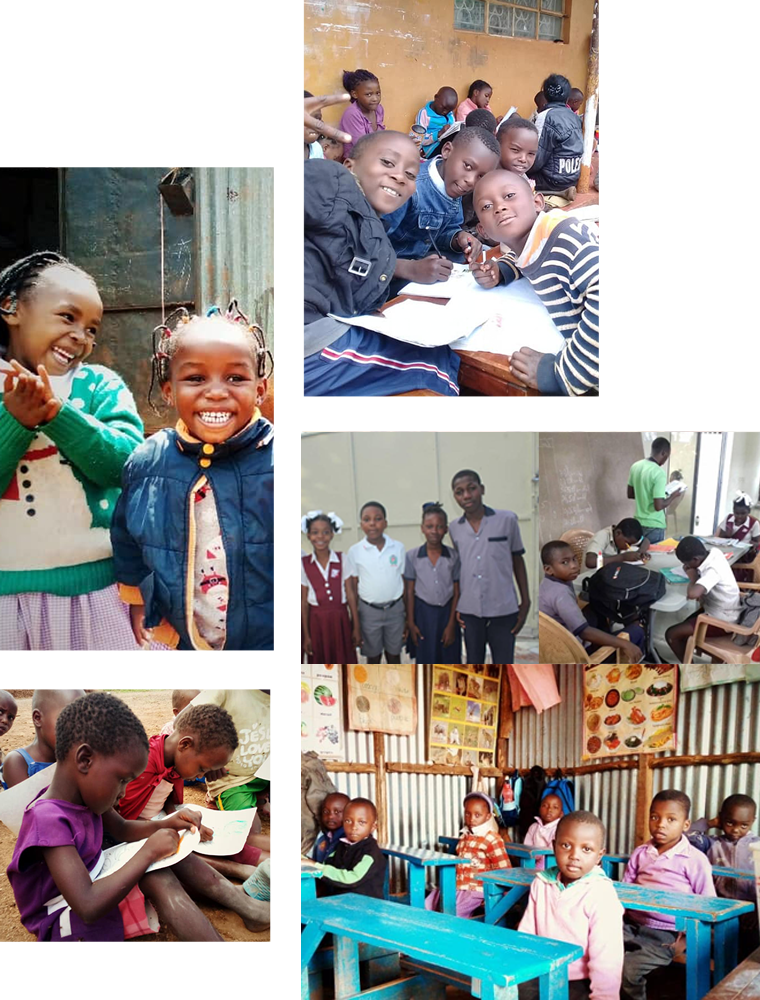 A collage of images showing happy children in various educational settings. Some are outdoors, smiling and laughing by the water, while others are indoors, engaged in learning activities like writing, reading, and sitting in classrooms. The children appear joyful and enthusiastic. Donate to support their education!