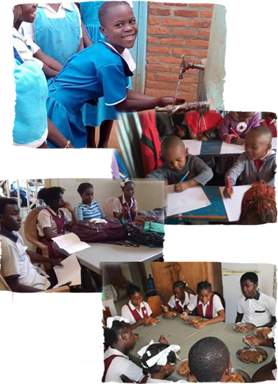 Collage of children in various educational and communal activities. A smiling child in a blue uniform washes hands at a water tap. Another image shows young students drawing attentively. A group of older students listens to a teacher. Another group enjoys a meal together, thanks to generous donations.
