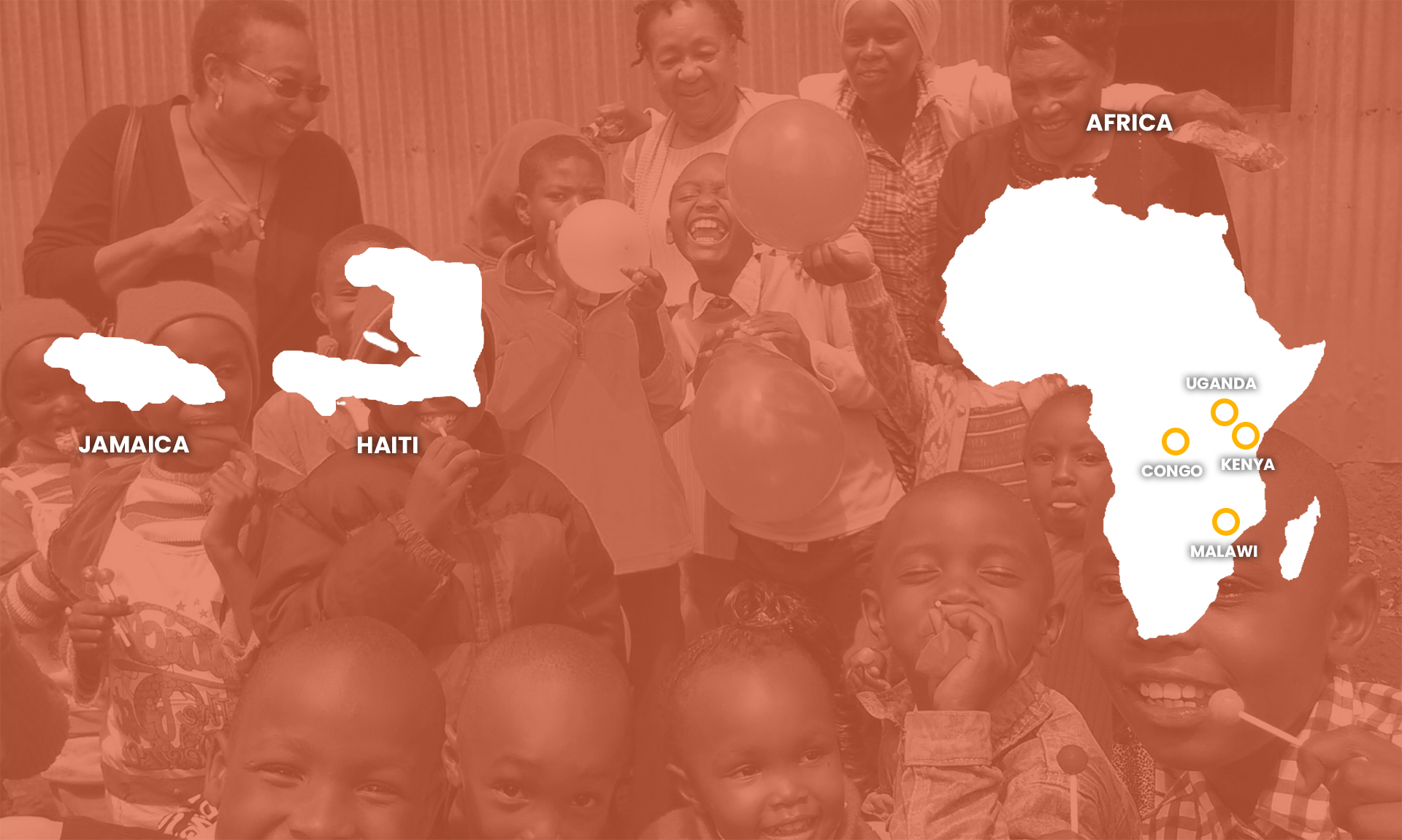 A joyful group of children and adults laughing and holding balloons. There are map illustrations labeled "Jamaica," "Haiti," "Africa," "Uganda," "Congo," "Kenya," and "Malawi" overlaying the image, highlighting different regions benefiting from water charity projects. Faces are filled with happiness.