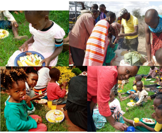 A collage of four images showing children and adults enjoying a meal outdoors. The images depict people of different ages serving and eating food in a communal setting, with a mix of casual and traditional attire, and a grassy area in the background. The event highlights the importance of donation to support charity efforts.