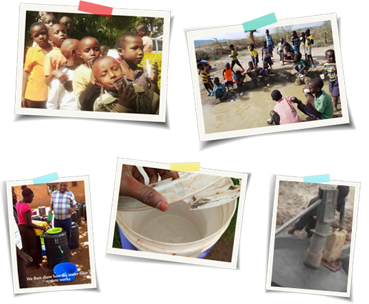 A collage of six photos shows children and adults collecting water from a muddy source, a close-up of a jug with murky water, a hand-operated water pump, and people standing near water containers. The images depict water scarcity and efforts to obtain clean water, highlighting the need for charity support.