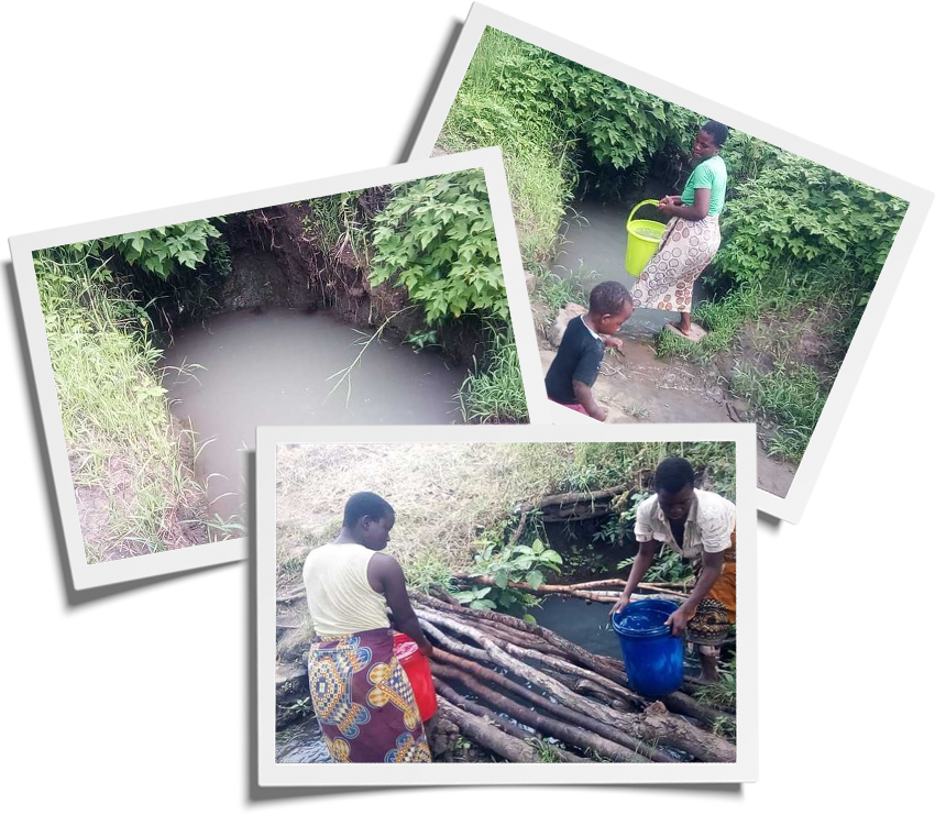 Collage of three photos showing women collecting water from a muddy, makeshift well surrounded by dense greenery. One woman is carrying a yellow bucket, while another is using a blue bucket. The area appears rural and underdeveloped, highlighting the crucial need for water donations.