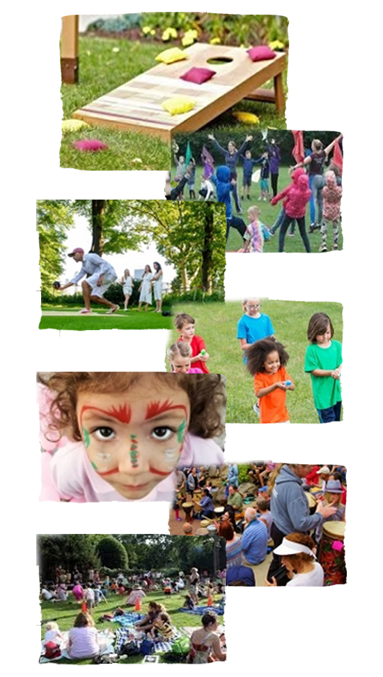 A vibrant outdoor event in a park with people playing cornhole, participating in group activities, children with face paint having fun, and a crowd gathered on the grass enjoying the festivities. Various activities and colorful scenery create an energetic atmosphere while attendees donate to charity.