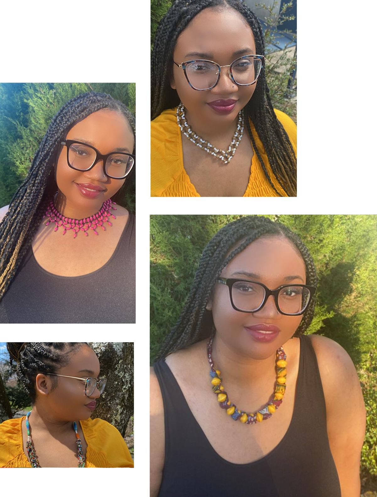 A woman with braided hair wears different necklaces and outfits in a collage of four photos. She dons glasses in three photos and sports a range of colorful necklaces, displaying her style against a backdrop of greenery, highlighting her commitment to water charity.