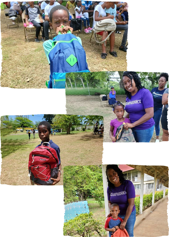 A collage showing children and adults outdoors at a charity event. In each image, children of various ages hold new backpacks while adults, some wearing purple shirts labeled "CHAMPARSACA," stand nearby. The event seems to be a community gathering or distribution event.