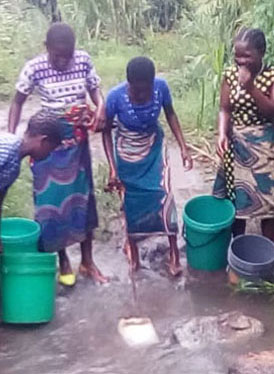 Four people are gathering water from a small stream. Two of them are bending down, filling green buckets, while the other two stand nearby, one holding a smaller bucket. All are wearing patterned clothing. Greenery surrounds the area as they complete this charitable effort.