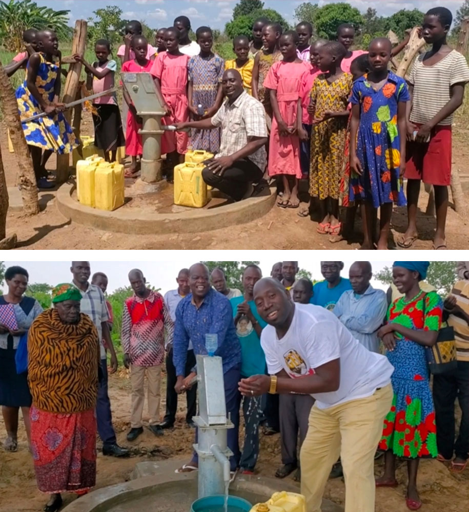 Two images showcasing happy communities around newly installed water pumps. The top image features children with yellow water containers and a man operating the pump, made possible by generous donations. The bottom image shows adults, with a man in a white shirt and yellow pants joyfully using the pump—all thanks to your charity.