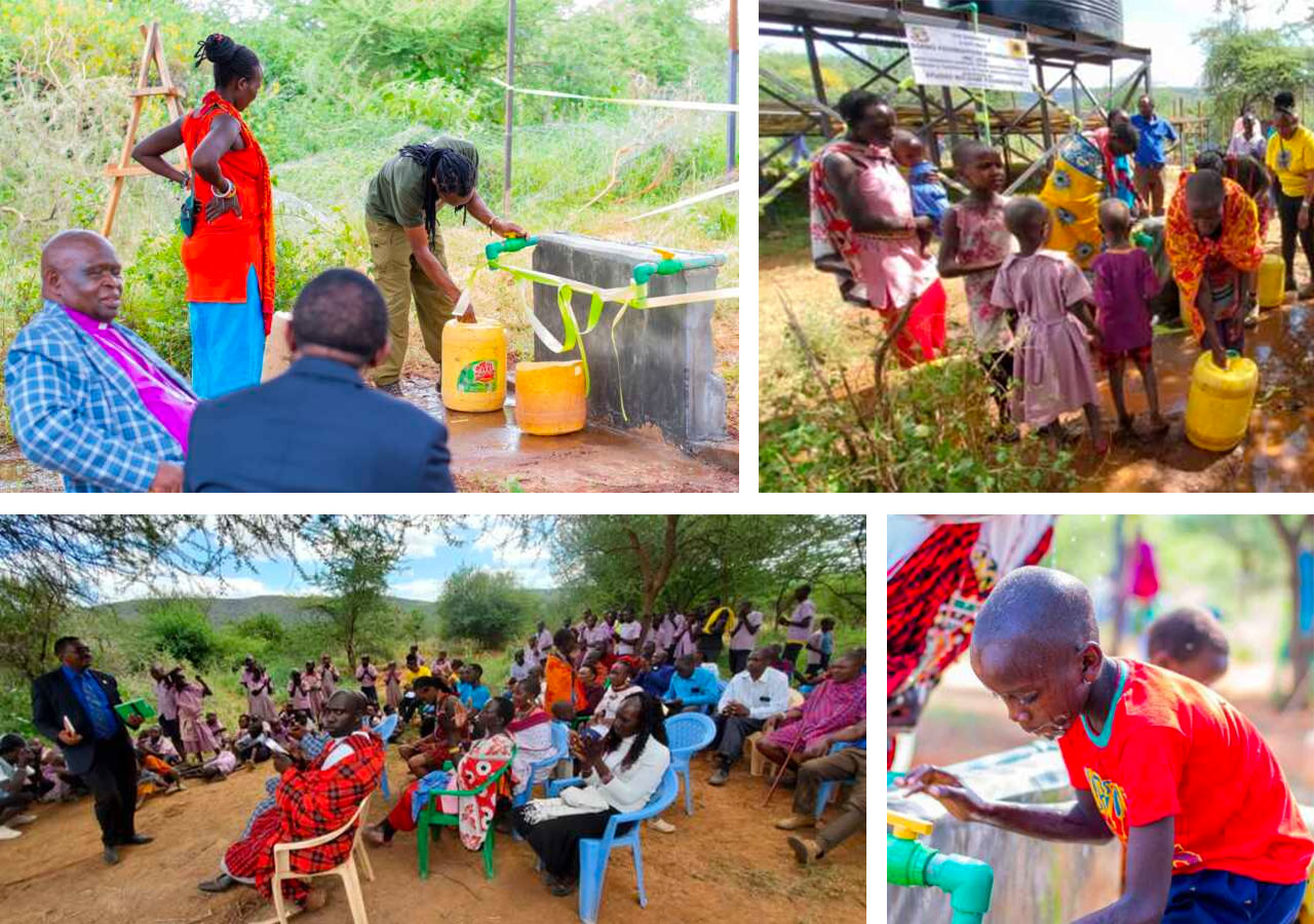 Top-left: A woman holds a container while a man fills it with water from a tap. Top-right: Children line up to fill containers at a water station, thanks to generous donations supporting the charity. Bottom-left: People seated outside, listening to a speaker. Bottom-right: A child in a red shirt uses the newly installed charity-funded water tap.