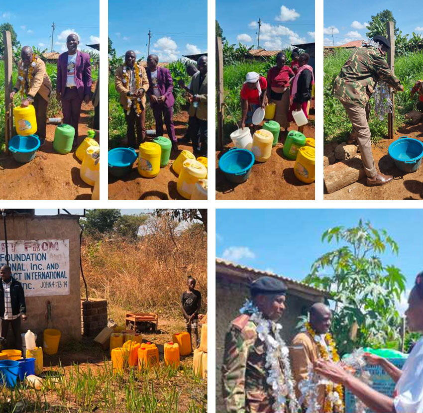 A collage of images shows people collecting water from different sources, including taps and jugs, in a rural area. Some individuals are adorned with flower garlands, and a sign for a charity foundation can be seen in one of the images, emphasizing the importance of donate to causes that provide clean water.