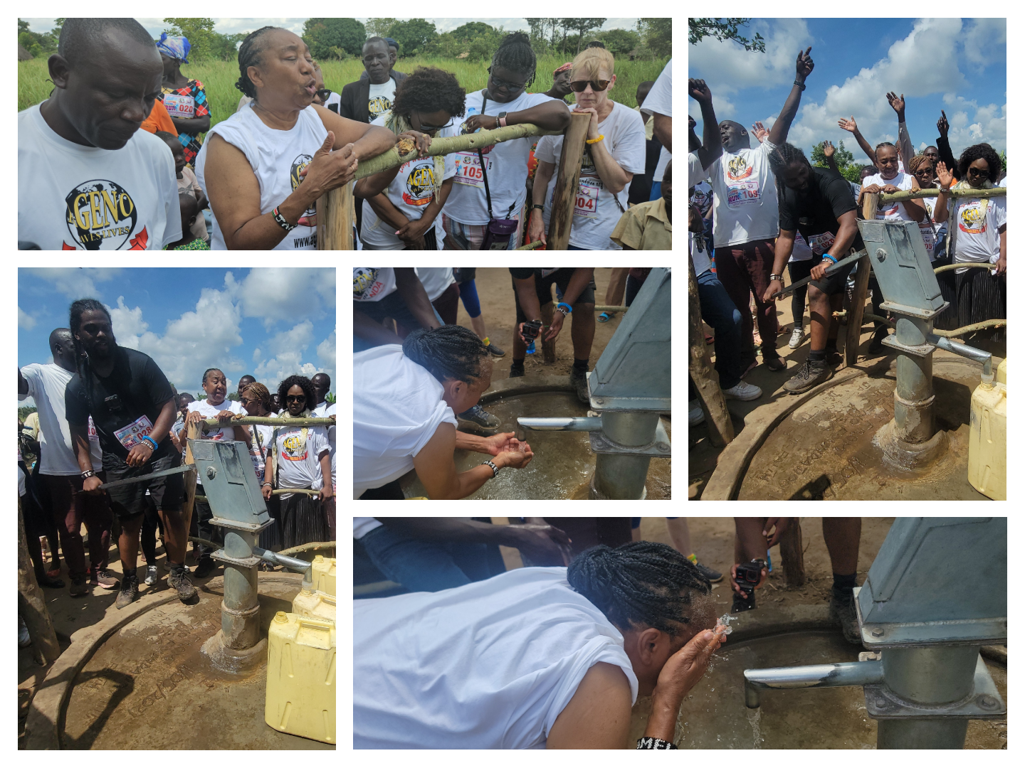 A series of images showing people gathered around a water pump in an outdoor setting. They take turns pumping and drinking water from the pump, expressing joy and refreshment. The sky is clear and the atmosphere is lively and communal.