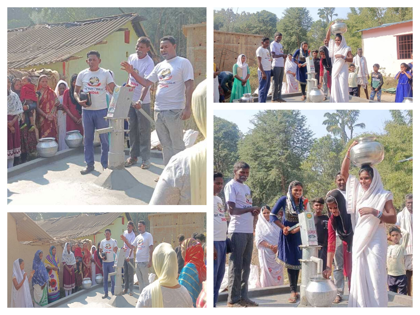 A group of people gathered outdoors in a village setting. Two men are holding a water filter while others, including women in colorful sarees and children, look on. Some women are holding metal pots, likely for collecting water. Trees and houses are in the background.