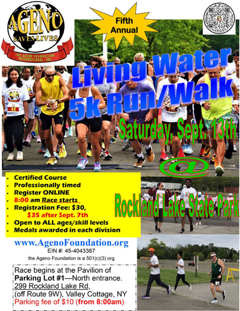 Flyer for the fifth annual Living Water 5k Run/Walk at Rockland Lake State Park features runners at the starting line, event details, and registration info; organized by Agena Foundation, scheduled for Saturday, Sept. 13th.