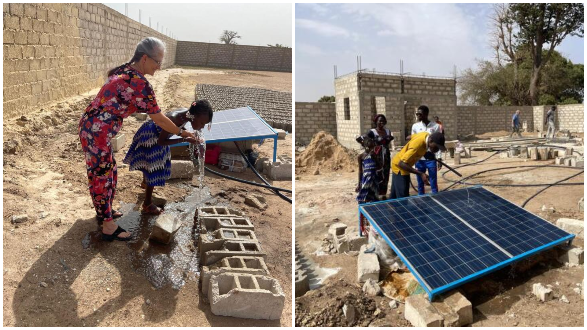 Two photos: On the left, a woman and girl wash their hands at a solar-powered water station on a dirt site. On the right, a group of people work around solar panels near partially built brick structures.