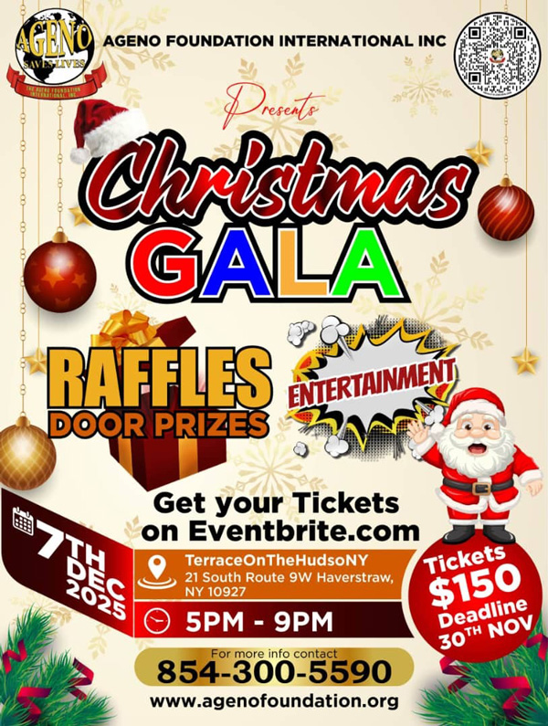 Flyer for Ageno Foundation’s Christmas Gala on Dec 7, 2025, from 5–9 PM at Terrace on the Hudson, NY. Includes raffle prizes, entertainment, and ticket info ($150, deadline Nov 30). Santa and festive graphics appear.