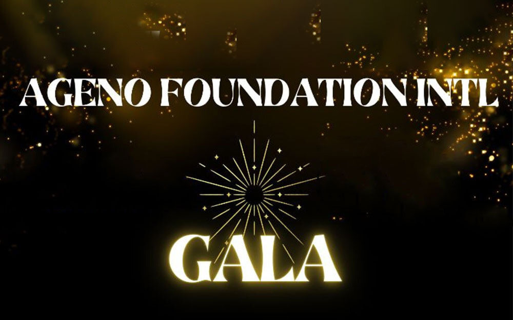 A black and gold graphic with the words "Ageno Foundation Intl" at the top and "Gala" in bright letters below, with a starburst design above the word "Gala.