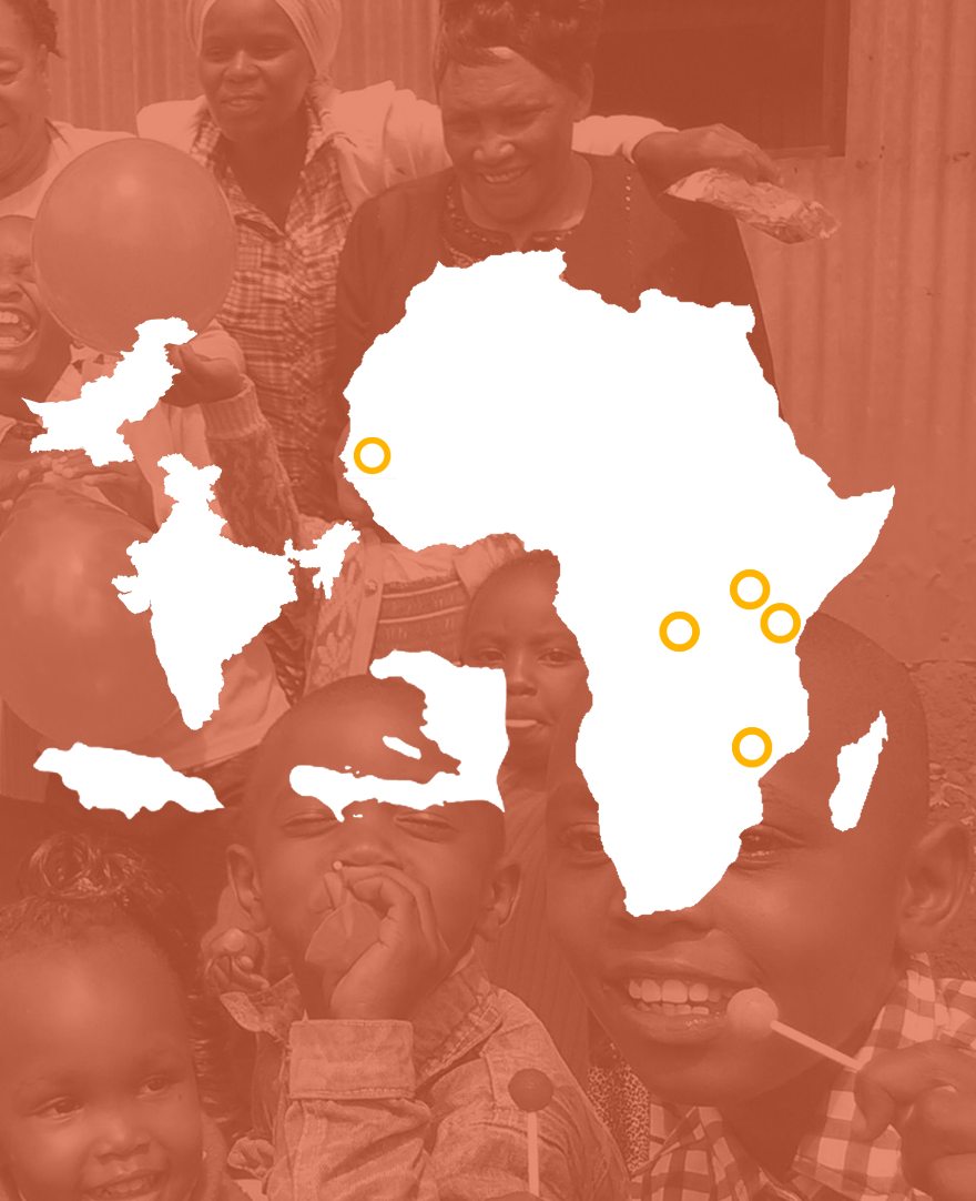 Children with balloons and lollipops smile in the background, while a white map of Africa and surrounding areas with five orange dots is placed over the image.
