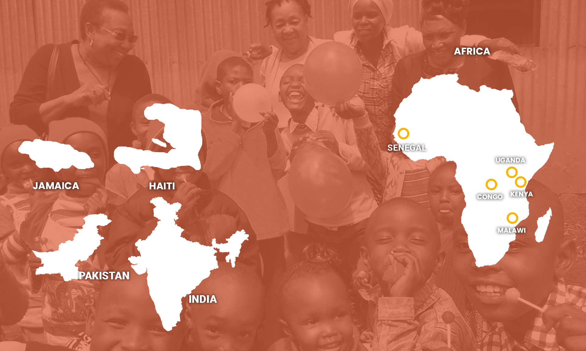Group of smiling children and adults with orange balloons, overlaid with white maps of Jamaica, Haiti, Pakistan, India, and Africa, highlighting Senegal, Congo, Uganda, Kenya, and Malawi.